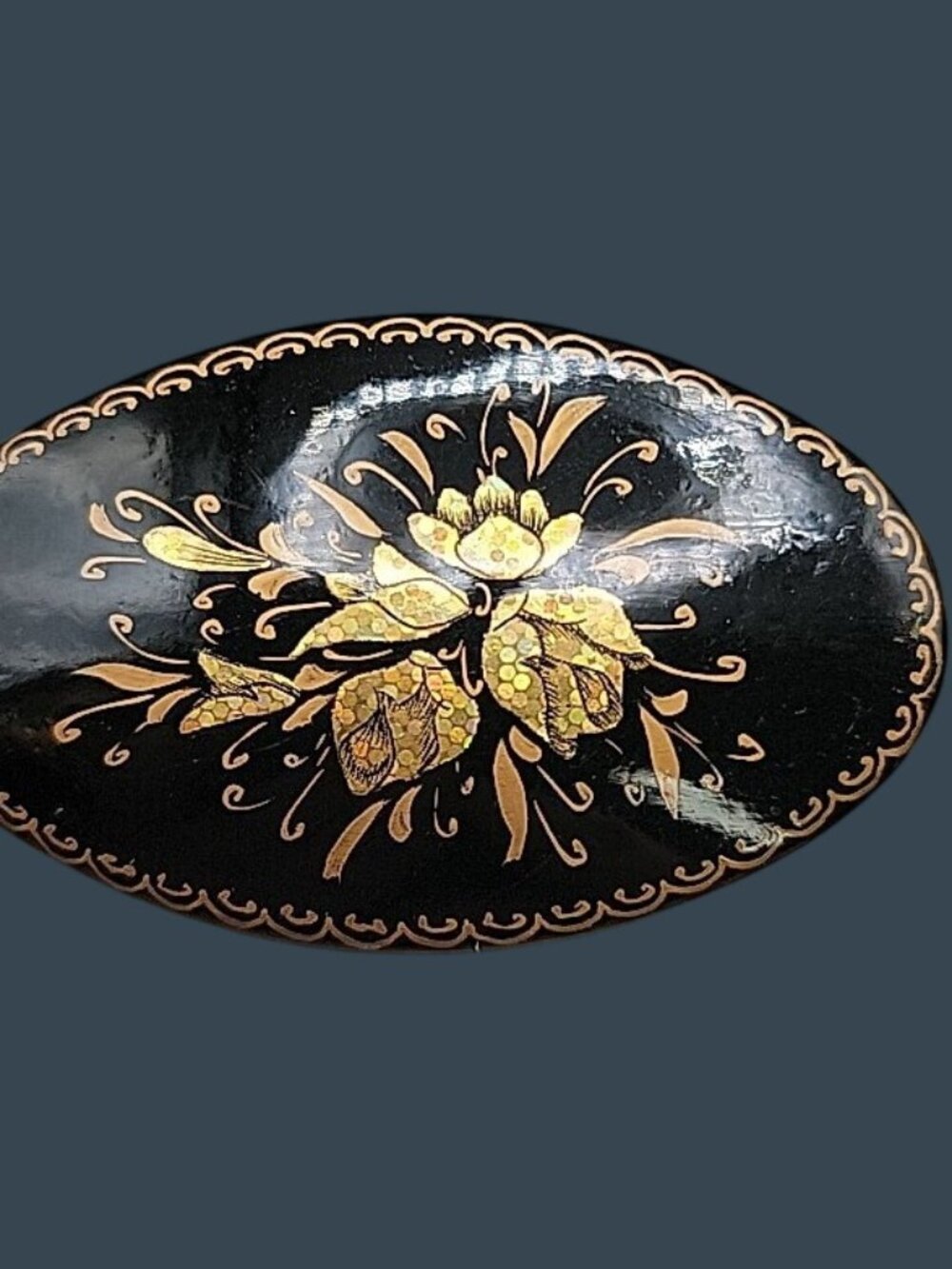 Vintage Russian Lacquer Brooch Oval Gold Sparkle Detailed Floral Signed